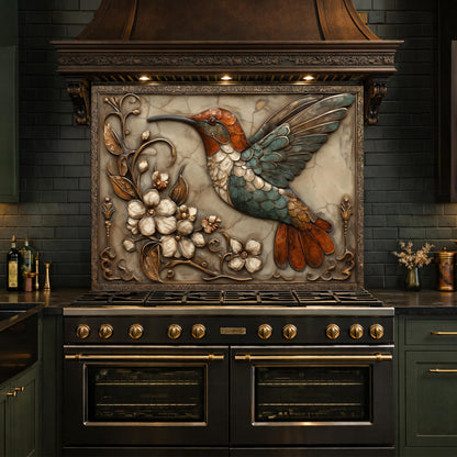 May include: A decorative kitchen backsplash featuring a detailed relief of a hummingbird with a long beak, and colorful feathers in shades of red, blue, and brown. The hummingbird is surrounded by white flowers and foliage, set against a marble-like background.
