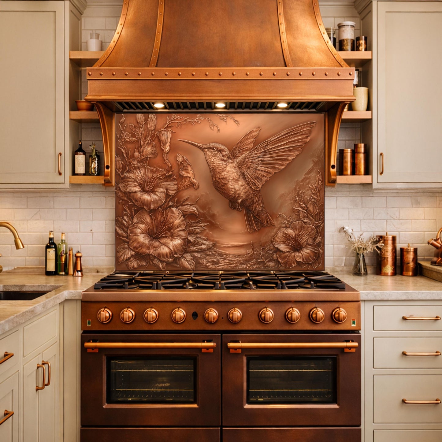 May include: A copper range hood with a hummingbird relief above a matching range. The hummingbird is depicted in flight with outstretched wings, surrounded by floral details. The kitchen features light-colored cabinets and a white tile backsplash.