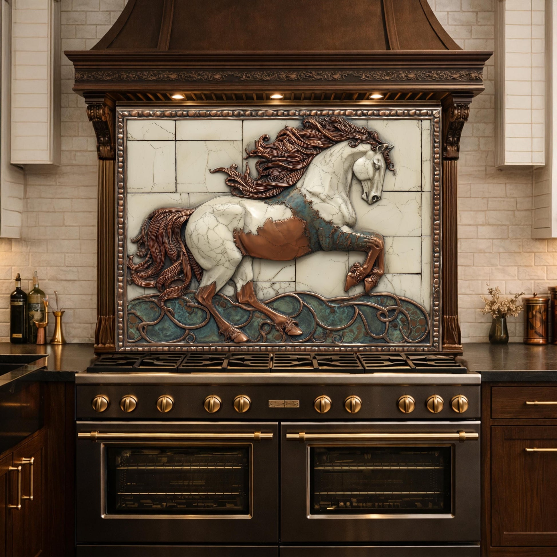 May include: A kitchen range with a decorative backsplash featuring a relief of a running horse. The horse is white, brown, and blue, set against a backdrop of off-white tiles. The range is black with gold accents.