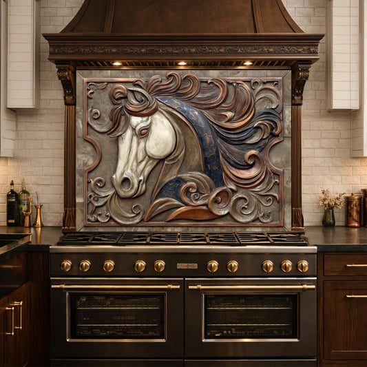 May include: A kitchen range with a dark brown finish and gold accents, topped with a decorative range hood. The hood features a detailed relief carving of a horse's head with flowing mane in shades of white, brown, and blue.