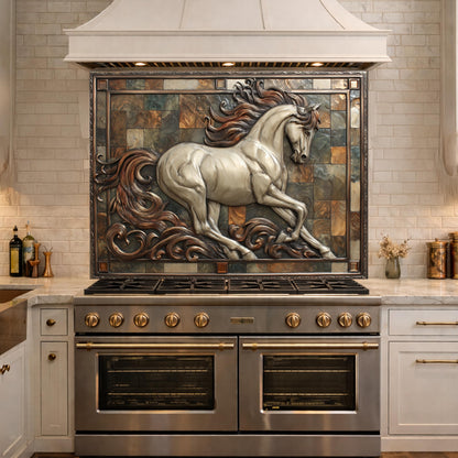 May include: A kitchen backsplash features a running horse sculpture. The horse is white with a flowing mane and tail, set against a mosaic tile background. The kitchen has a stainless steel stove and white cabinets.