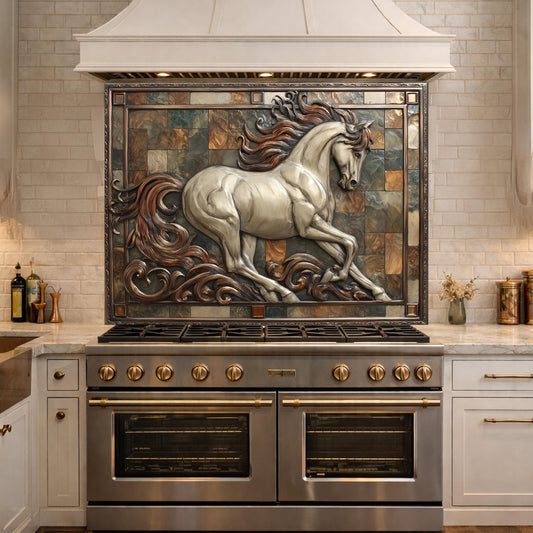 May include: A kitchen backsplash features a running horse sculpture. The horse is white with a flowing mane and tail, set against a mosaic tile background. The kitchen has a stainless steel stove and white cabinets.