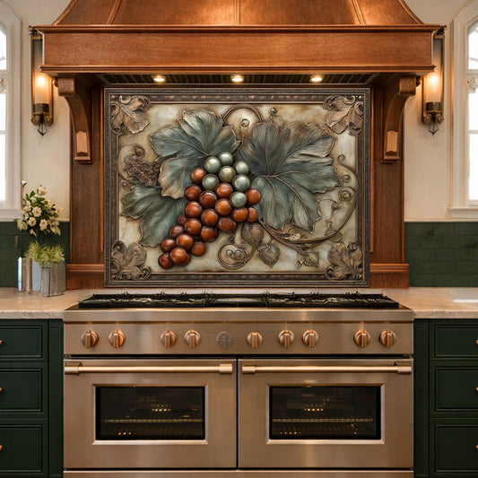 May include: A decorative kitchen backsplash featuring a detailed relief of grapes and leaves. The grapes are a mix of brown and green, with large, textured leaves. The backsplash is framed in a dark brown border and set above a stainless steel oven.