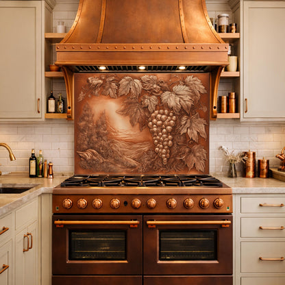 May include: A copper range hood and stove with a grape vine relief design. The range hood is above the stove, which has multiple burners and oven doors. The kitchen has light-colored cabinets and a white tile backsplash.