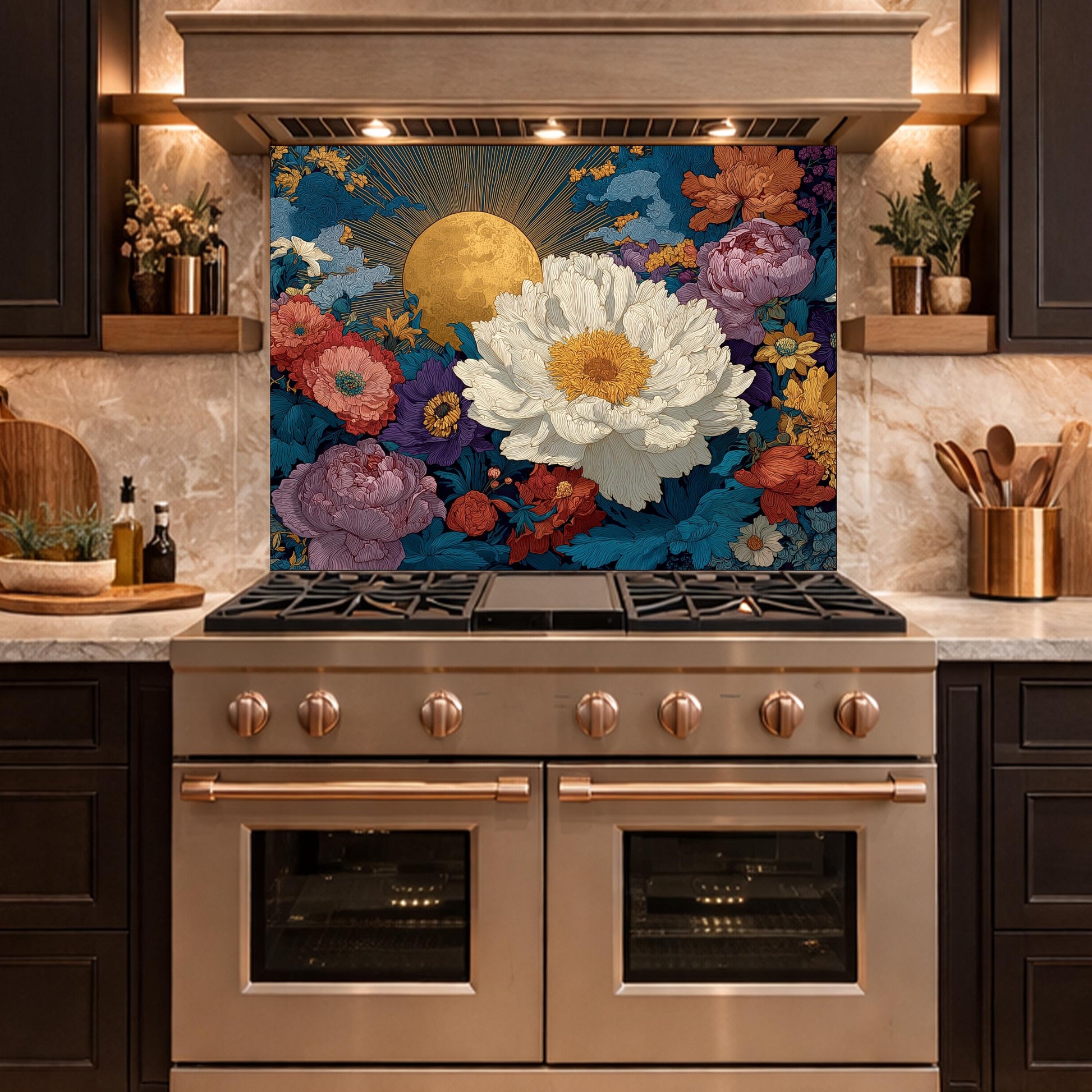 May include: A stainless steel range with a floral backsplash featuring a large white flower with a yellow center, surrounded by other colorful flowers and a golden sun against a blue sky. The kitchen has dark cabinets and wooden shelves.
