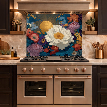 May include: A stainless steel range with a floral backsplash featuring a large white flower with a yellow center, surrounded by other colorful flowers and a golden sun against a blue sky. The kitchen has dark cabinets and wooden shelves.