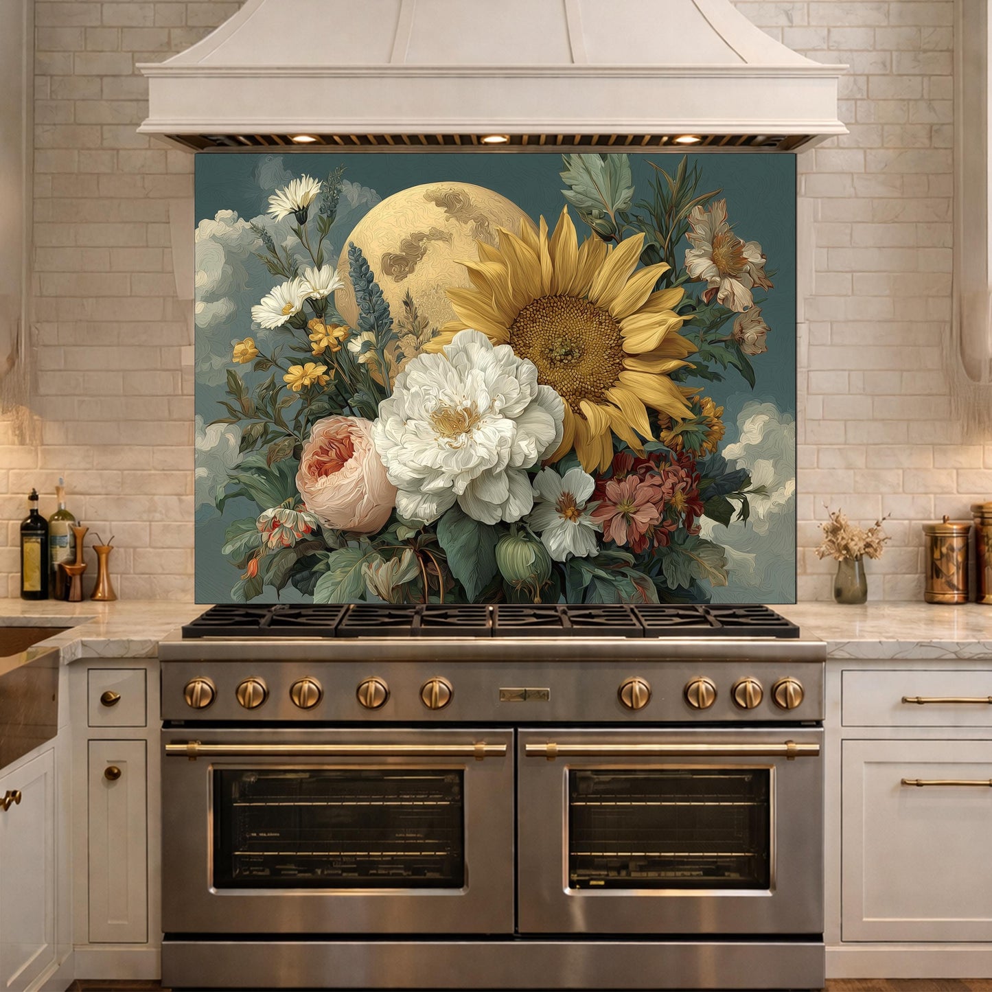 May include: A decorative kitchen backsplash featuring a floral arrangement with a large yellow sunflower, white peony, and a full moon. The artwork has a vintage aesthetic with a teal background and is installed above a stainless steel range.