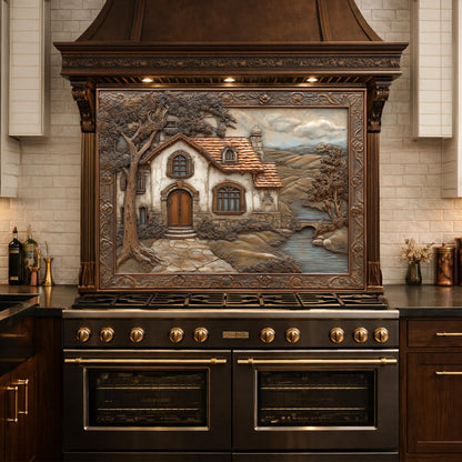 May include: A kitchen range with a dark brown finish and gold accents, topped with a decorative range hood. The hood features a framed relief sculpture of a quaint cottage scene with a tree, river, and bridge.
