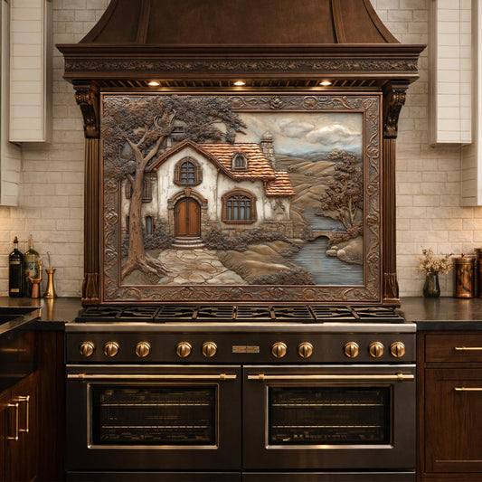 May include: A kitchen range with a dark brown finish and gold accents, topped with a decorative range hood. The hood features a framed relief sculpture of a quaint cottage scene with a tree, river, and bridge.