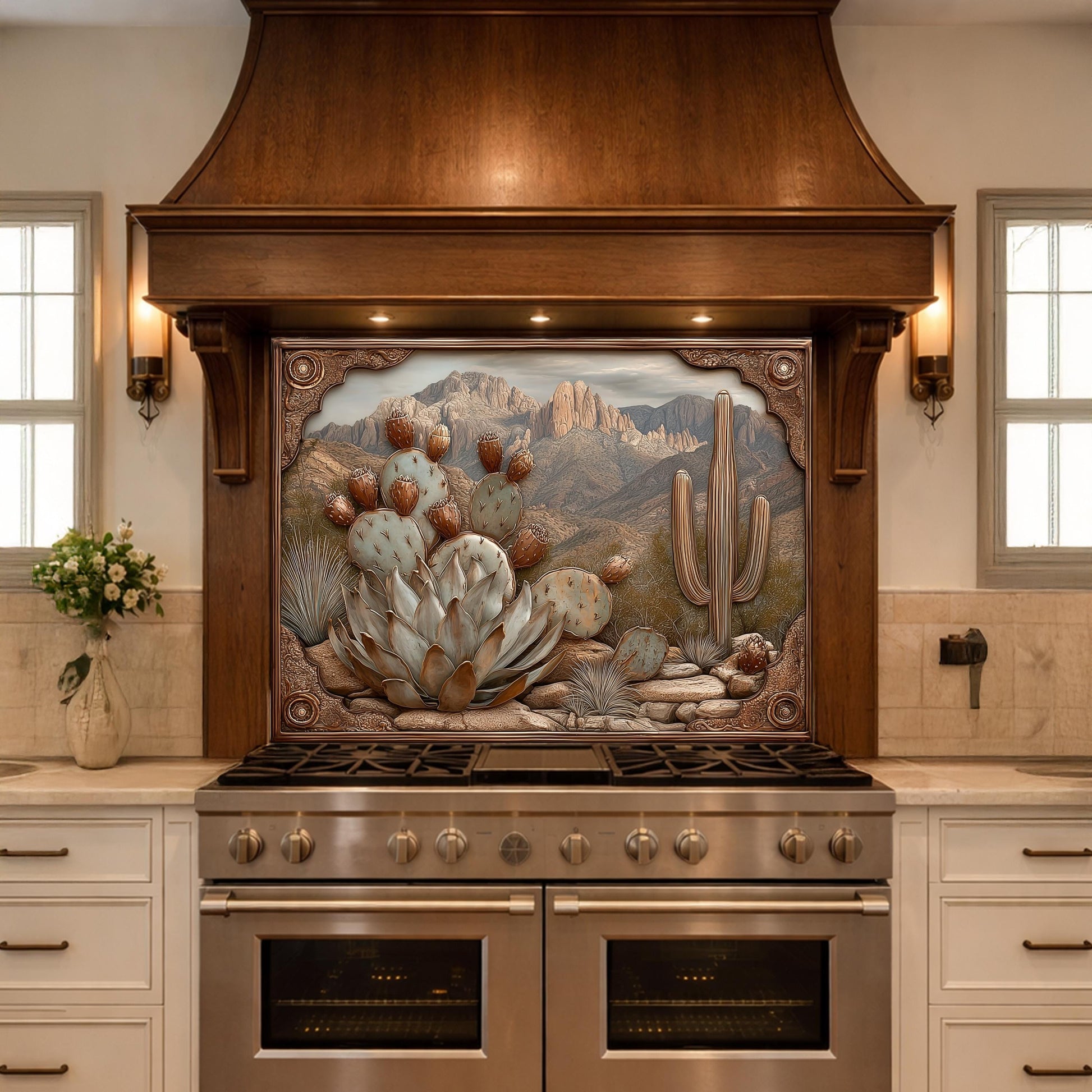 May include: A kitchen range hood with a detailed desert landscape mural featuring cacti and mountains. The hood is made of dark wood and is mounted above a stainless steel range with multiple burners and ovens. The mural is framed with decorative trim.