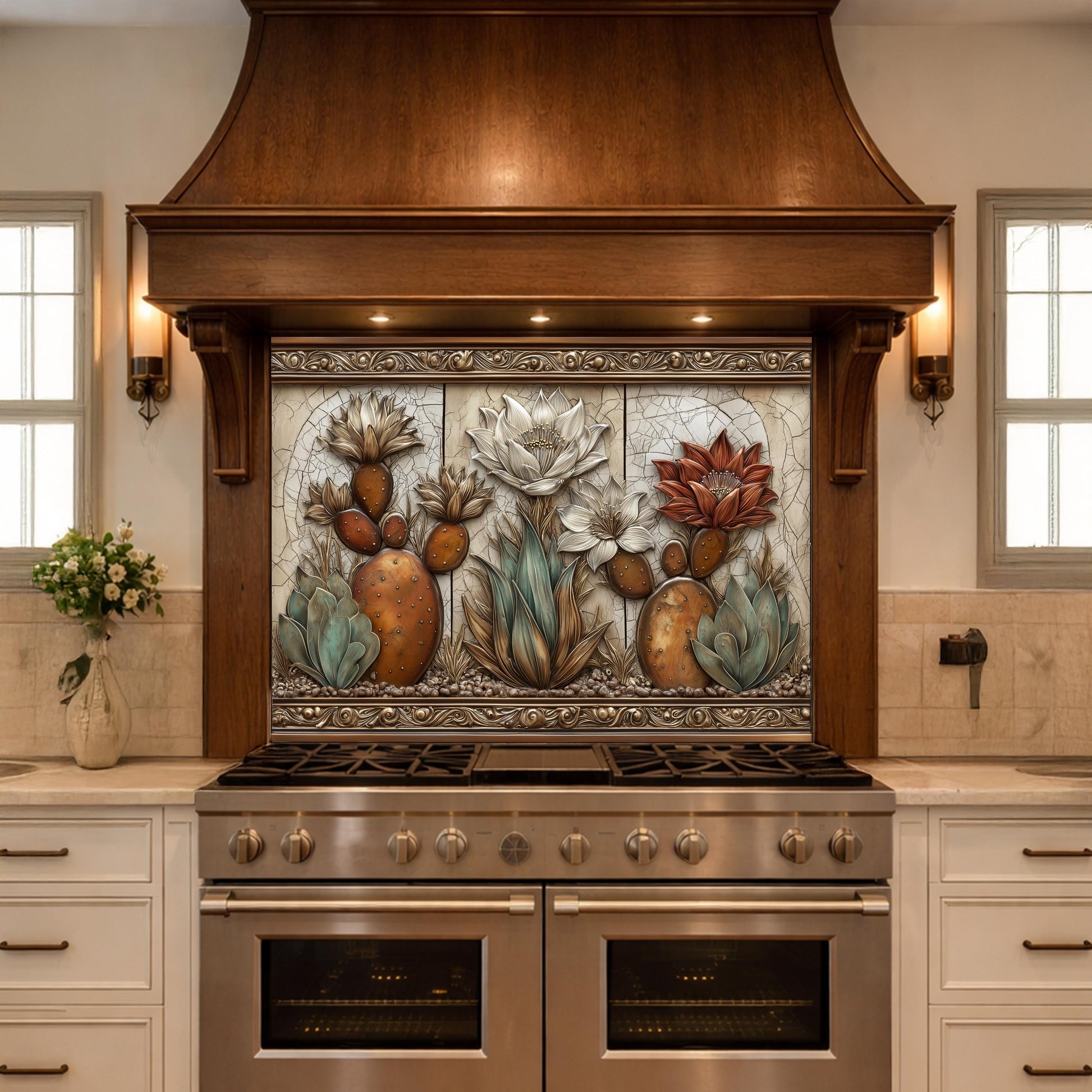 May include: A kitchen range hood with a decorative tile backsplash featuring a desert botanical design. The tile art showcases cacti and flowers in shades of orange, green, and white, framed by a decorative border. The hood is made of dark wood, and the range is stainless steel.