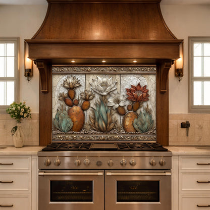 May include: A kitchen range hood with a decorative tile backsplash featuring a desert botanical design. The tile art showcases cacti and flowers in shades of orange, green, and white, framed by a decorative border. The hood is made of dark wood, and the range is stainless steel.