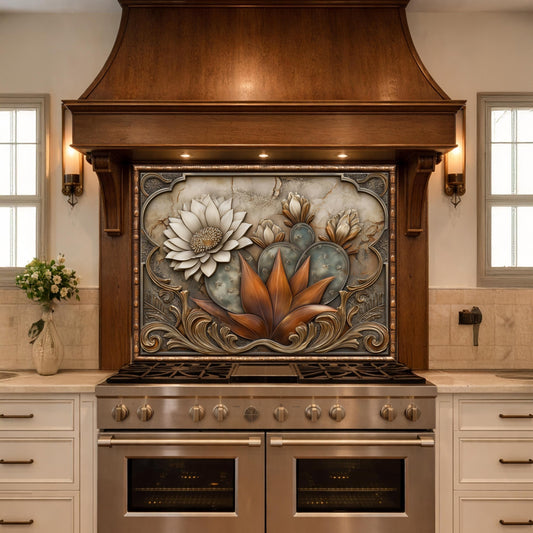 May include: A kitchen range hood with a decorative tile backsplash featuring a 3D relief of a desert botanical scene. The design includes a large white flower, a copper-colored agave, and cacti. The hood is made of dark wood and the range is stainless steel.