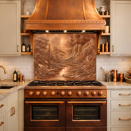 May include: A copper range hood and backsplash with a desert landscape design. The kitchen features a brown stove with copper accents, light-colored cabinets, and shelves. The backsplash depicts a river flowing through a canyon.