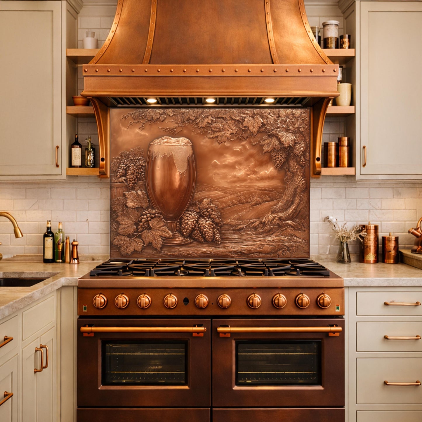 May include: A copper range hood and backsplash with a relief of a beer glass, grapes, and a landscape. The kitchen features a brown oven, light-colored cabinets, and a white tile backsplash. The overall design is rustic and elegant.