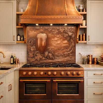 May include: A copper range hood and backsplash with a relief of a beer glass, grapes, and a landscape. The kitchen features a brown oven, light-colored cabinets, and a white tile backsplash. The overall design is rustic and elegant.