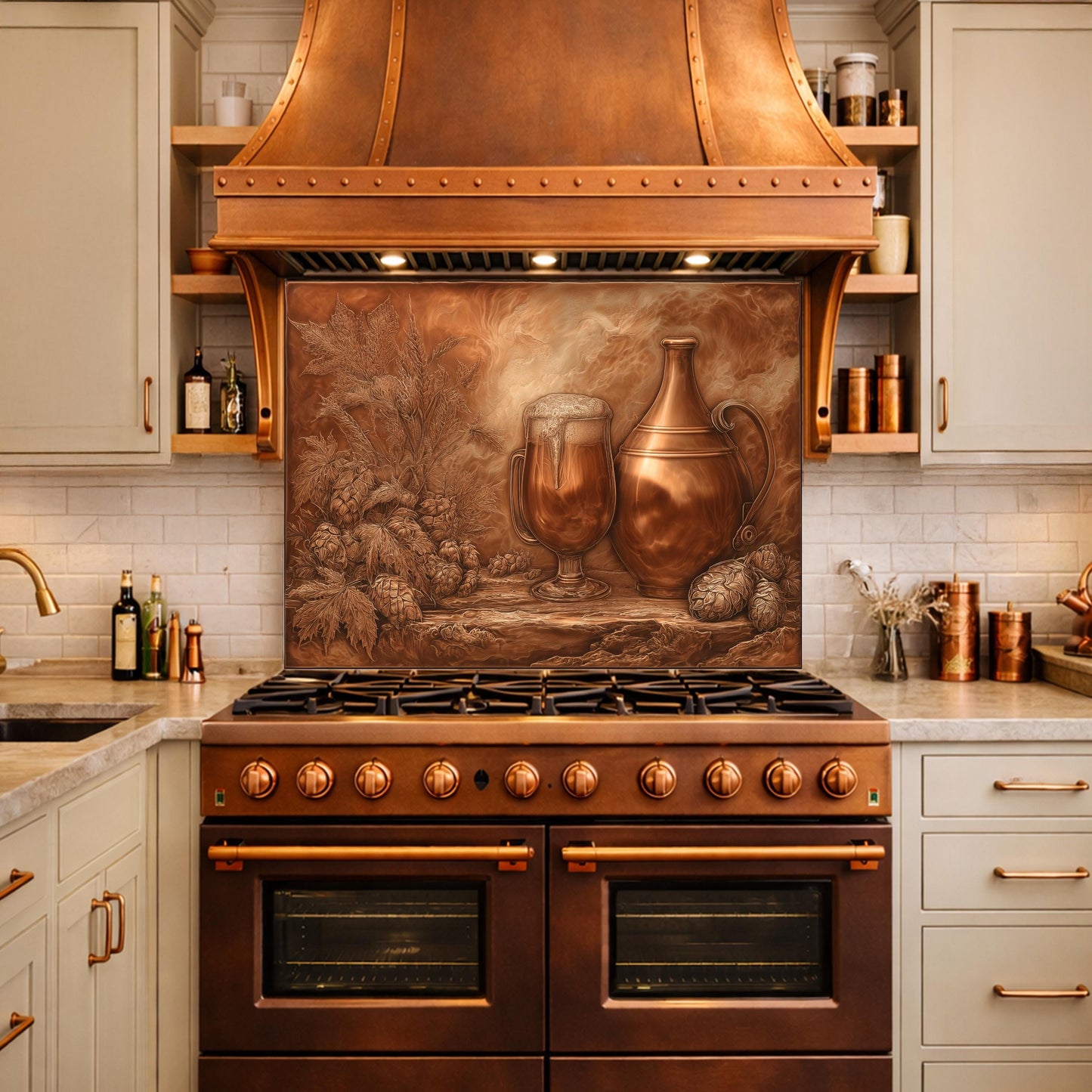 May include: A copper range hood and backsplash with a beer-themed design. The backsplash features a beer mug and a pitcher. The range has a brown finish with copper accents. The kitchen has light-colored cabinets and shelves.