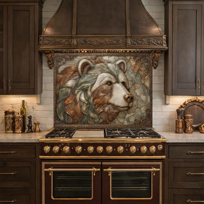 May include: A custom kitchen range with a brown finish and gold accents. Above the range is a decorative panel featuring a detailed relief of a bear's head. The kitchen has dark brown cabinets and a matching range hood.