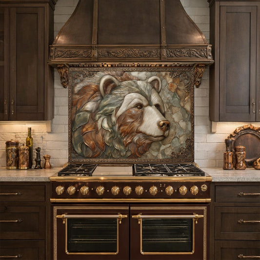 May include: A custom kitchen range with a brown finish and gold accents. Above the range is a decorative panel featuring a detailed relief of a bear's head. The kitchen has dark brown cabinets and a matching range hood.