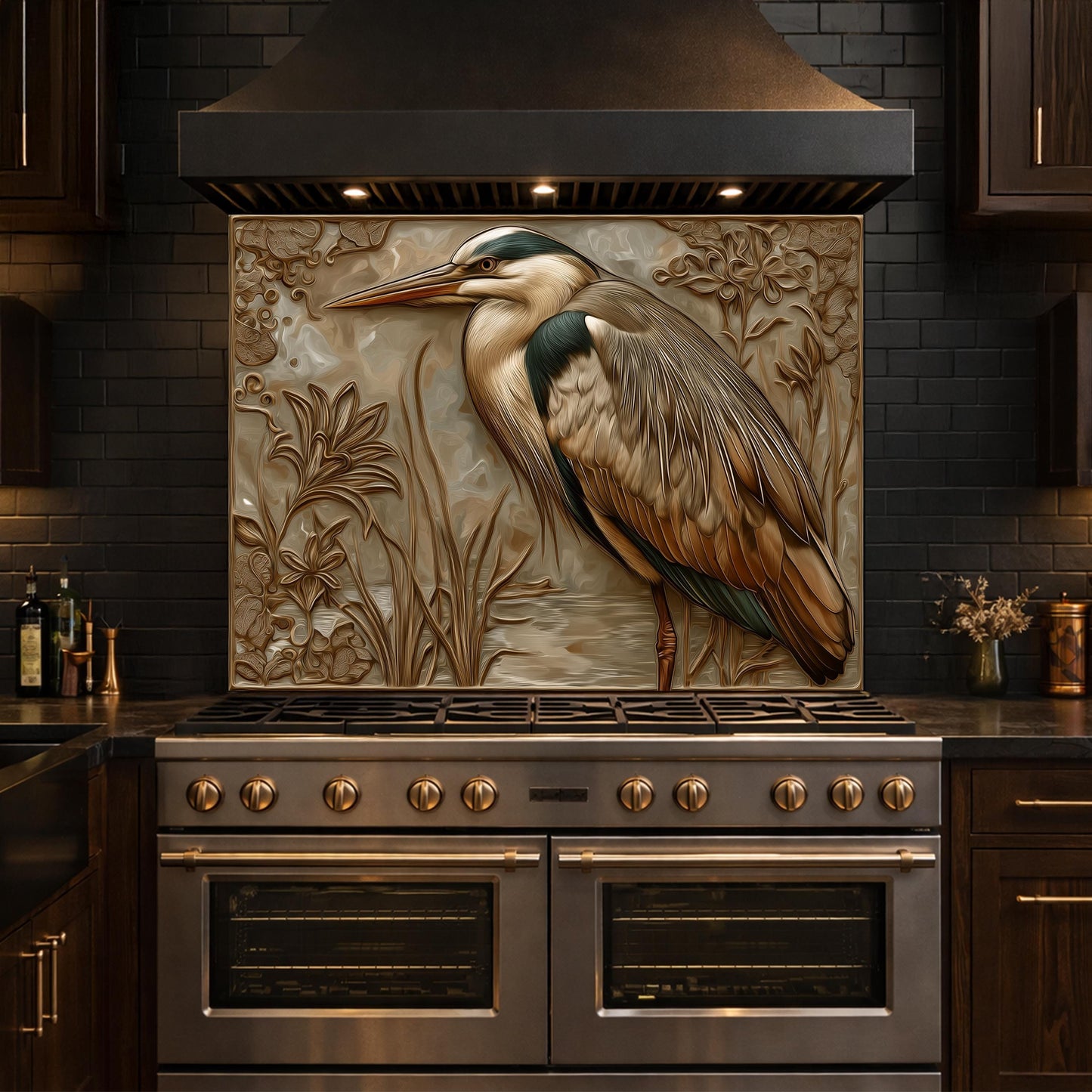 May include: A decorative kitchen backsplash featuring a detailed illustration of a heron standing in a marshy area. The bird has gray, brown, and white feathers. The backsplash is installed above a stainless steel range with a black range hood.