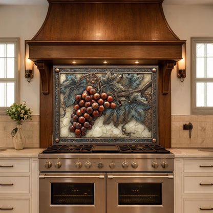 May include: A kitchen backsplash featuring a detailed relief of a bunch of grapes with leaves. The grapes are a deep reddish-brown, and the leaves are blue-green. The artwork is framed and set against a light-colored background, above a stainless steel range.