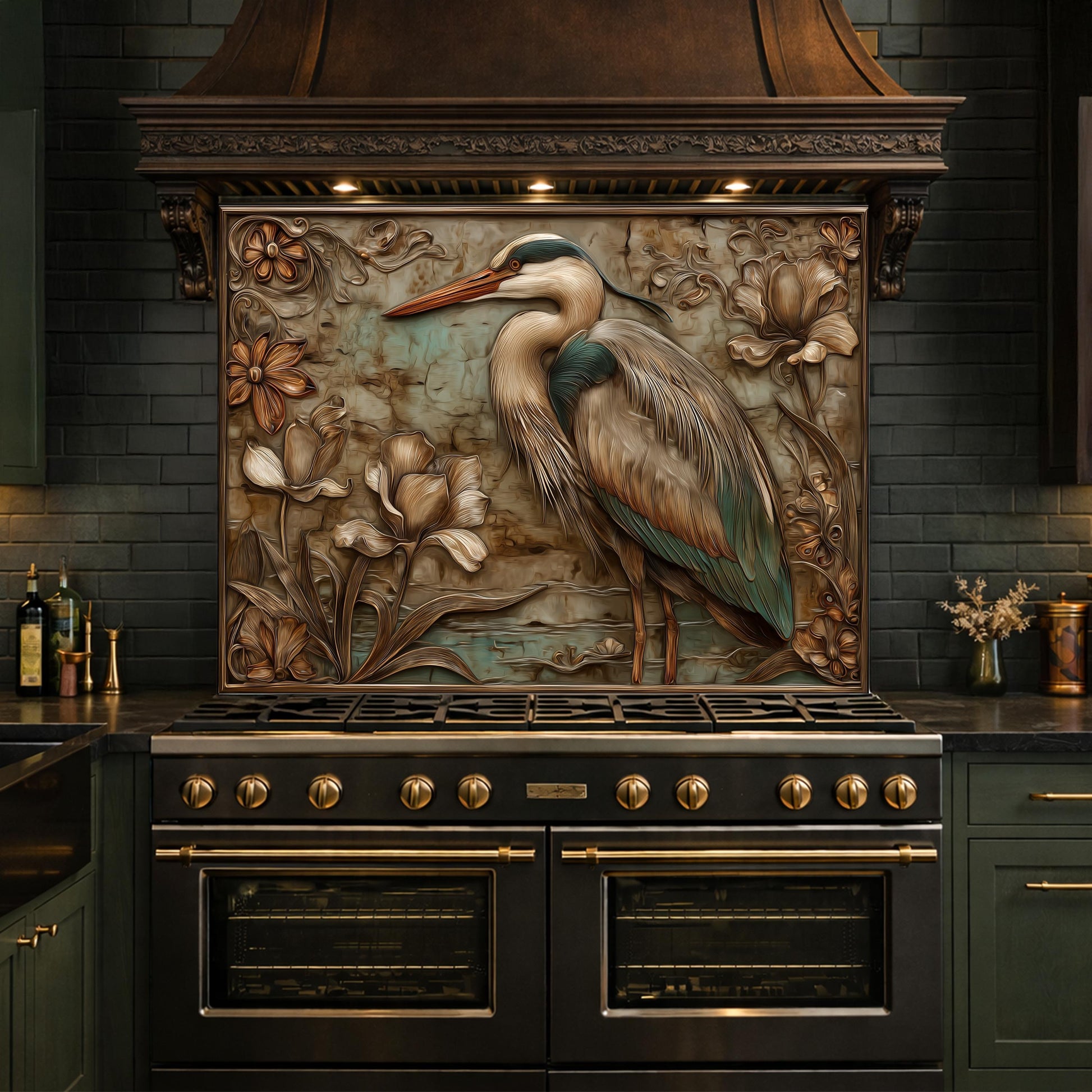 May include: A kitchen range with a decorative backsplash featuring a detailed relief of a heron and floral elements. The range is black with gold accents, and the hood is a dark wood tone. The overall design has a rustic, elegant aesthetic.