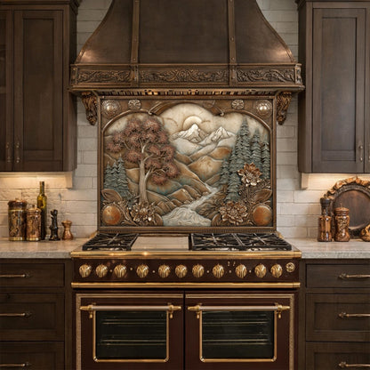 May include: A custom kitchen range with a decorative copper hood and backsplash featuring a mountain and tree relief. The range has a dark brown finish with gold accents. The kitchen cabinets are dark brown.