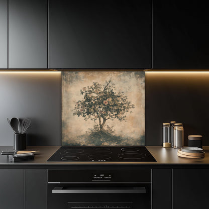 Tempered glass kitchen backsplash, vintage floral tree design, heat-resistant splashback, easy to clean, stove wall protector, artistic kitchen decor, modern backsplash, elegant wall art, unique design