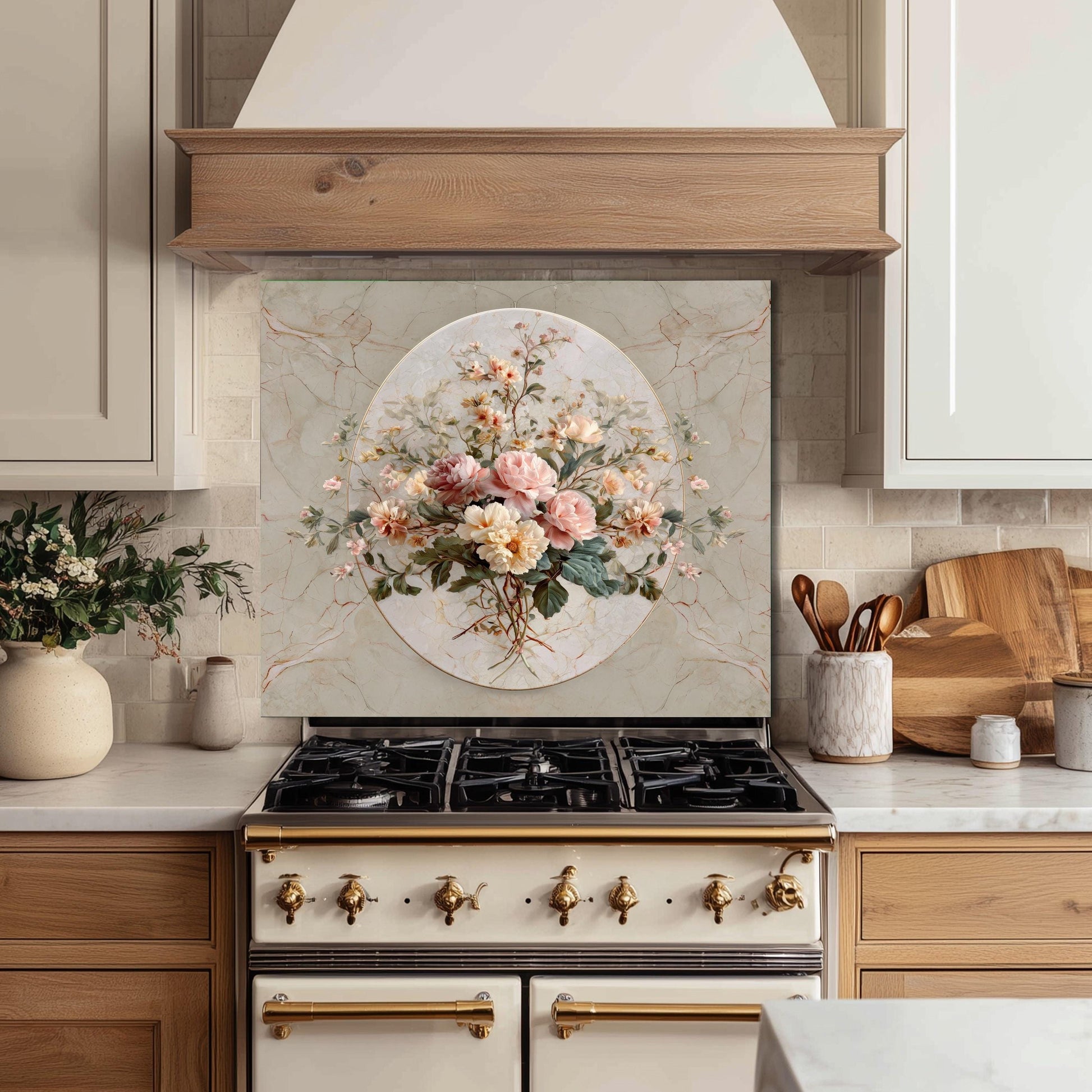 Floral Marble Glass Backsplash, Vintage Bouquet Stove Guard, Heat Resistant Easy Clean Kitchen Art