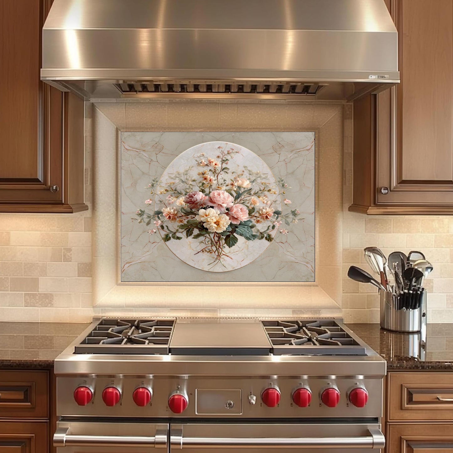 Floral Marble Glass Backsplash, Vintage Bouquet Stove Guard, Heat Resistant Easy Clean Kitchen Art