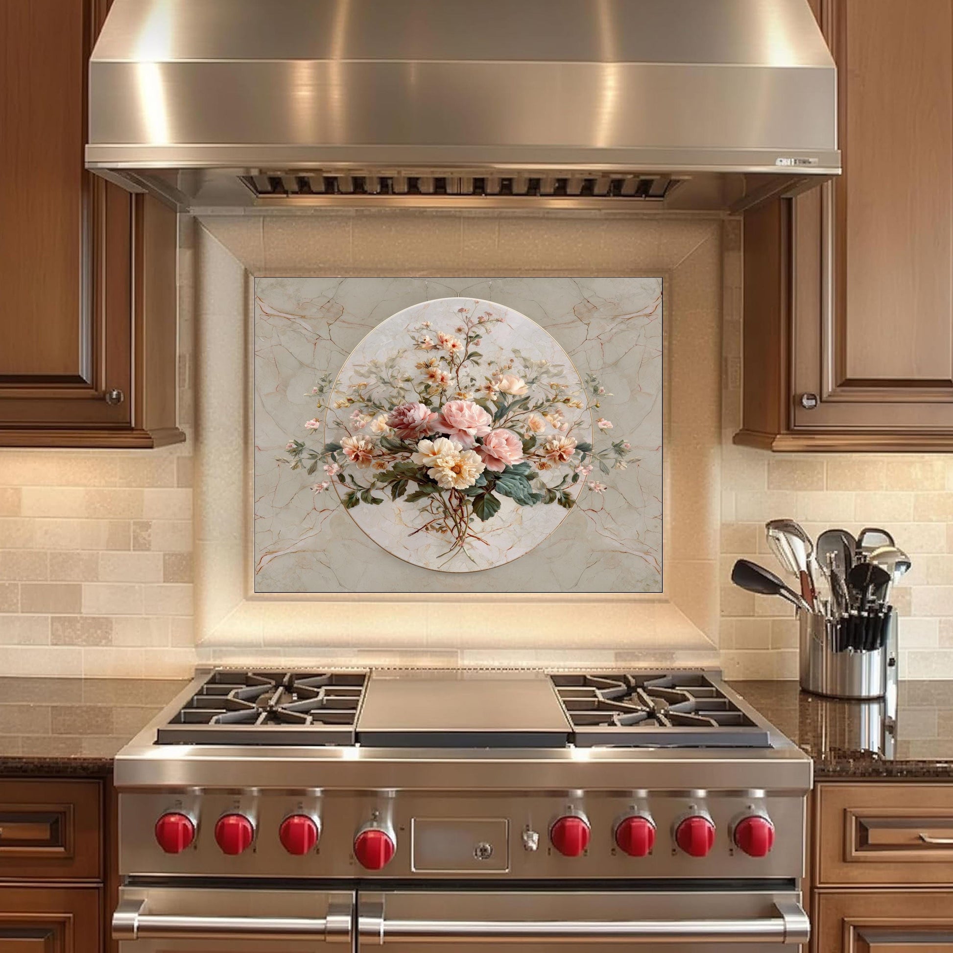 Floral Marble Glass Backsplash, Vintage Bouquet Stove Guard, Heat Resistant Easy Clean Kitchen Art