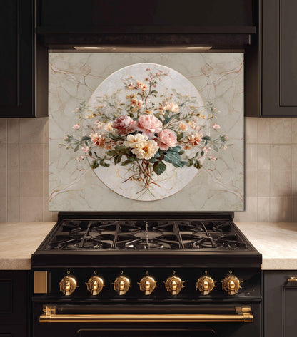 Floral Marble Glass Backsplash, Vintage Bouquet Stove Guard, Heat Resistant Easy Clean Kitchen Art