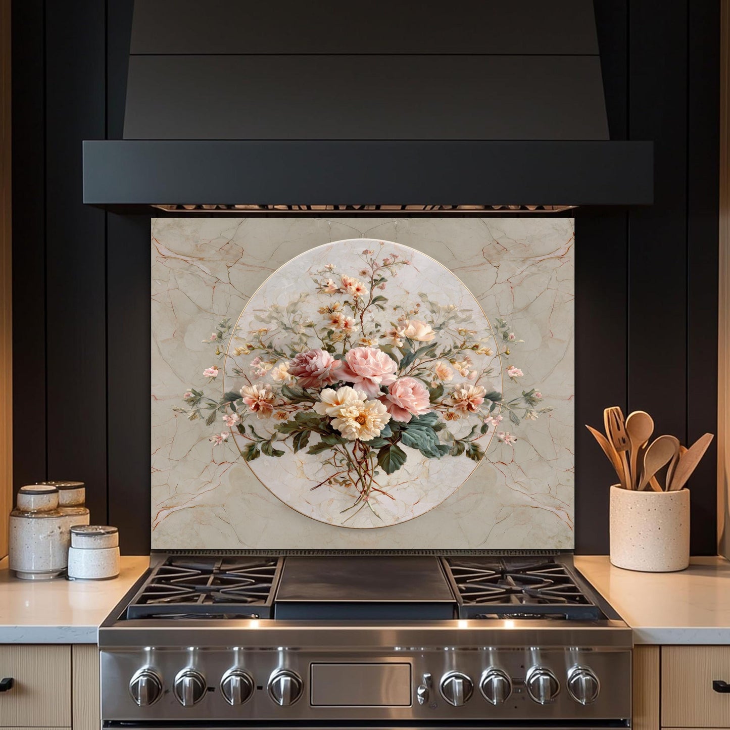 Floral Marble Glass Backsplash, Vintage Bouquet Stove Guard, Heat Resistant Easy Clean Kitchen Art