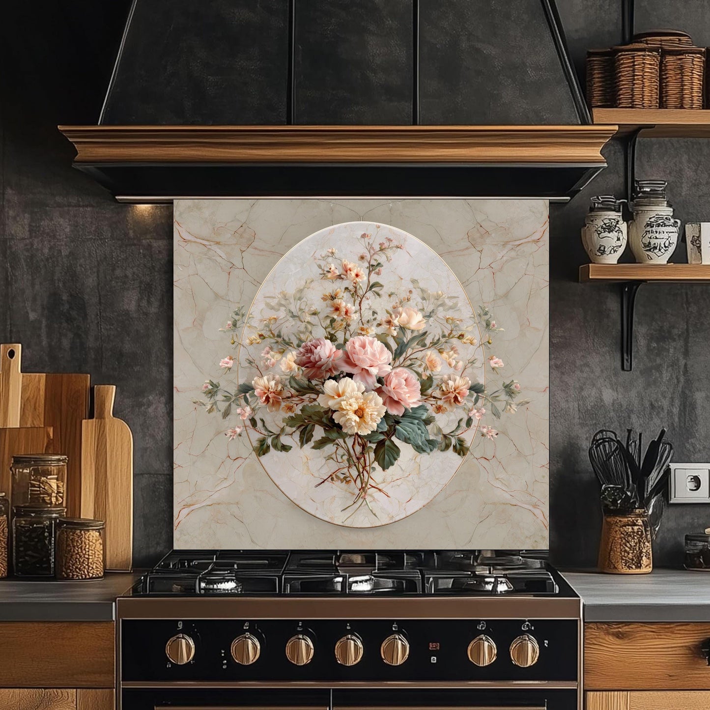 Floral Marble Glass Backsplash, Vintage Bouquet Stove Guard, Heat Resistant Easy Clean Kitchen Art
