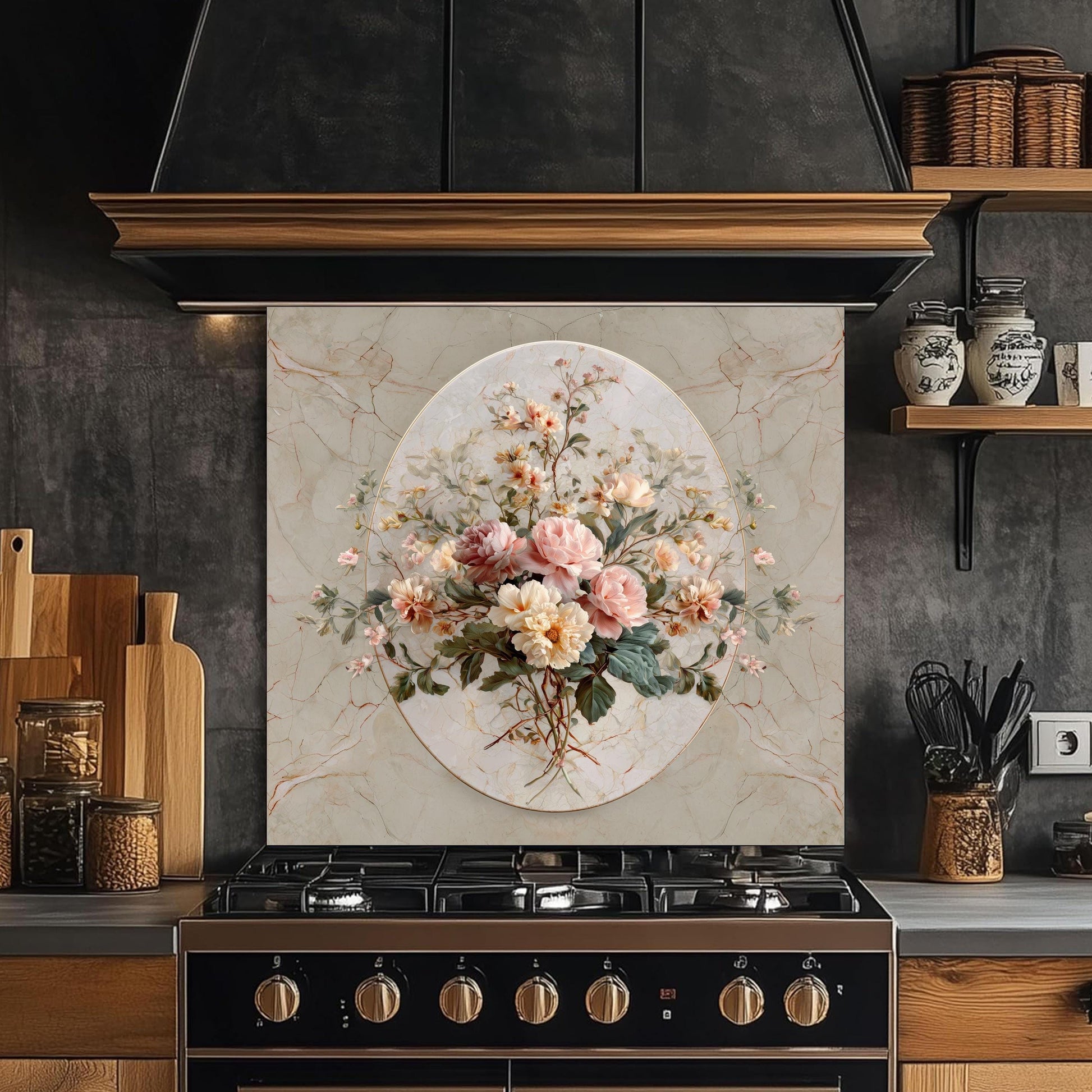 Floral Marble Glass Backsplash, Vintage Bouquet Stove Guard, Heat Resistant Easy Clean Kitchen Art