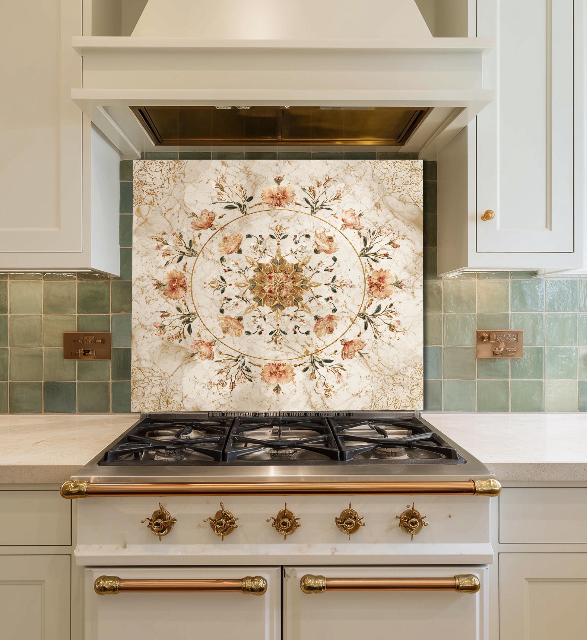 Floral Bouquet Marble Glass Backsplash, Vintage Rose Medallion Stove Guard, Heat Resistant Wall Art