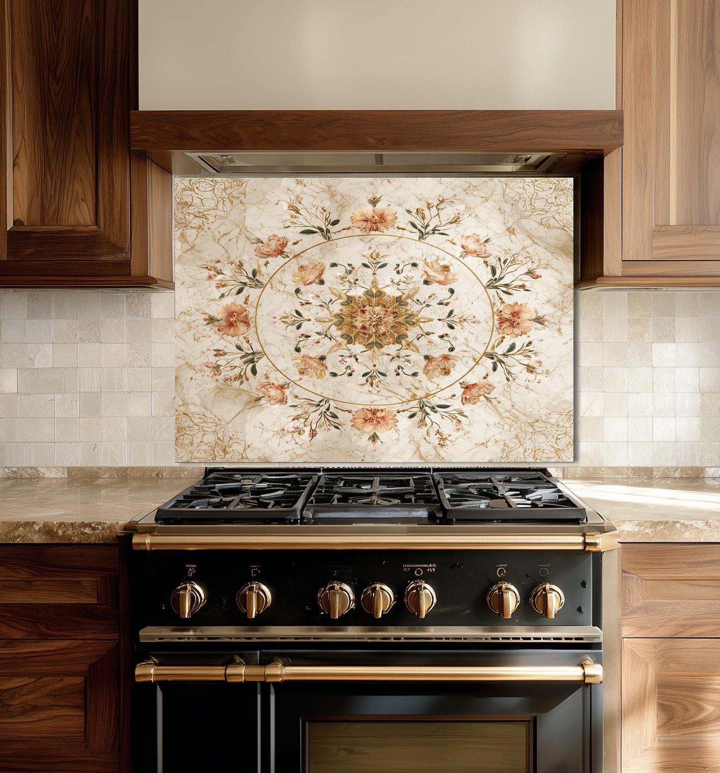 Floral Bouquet Marble Glass Backsplash, Vintage Rose Medallion Stove Guard, Heat Resistant Wall Art