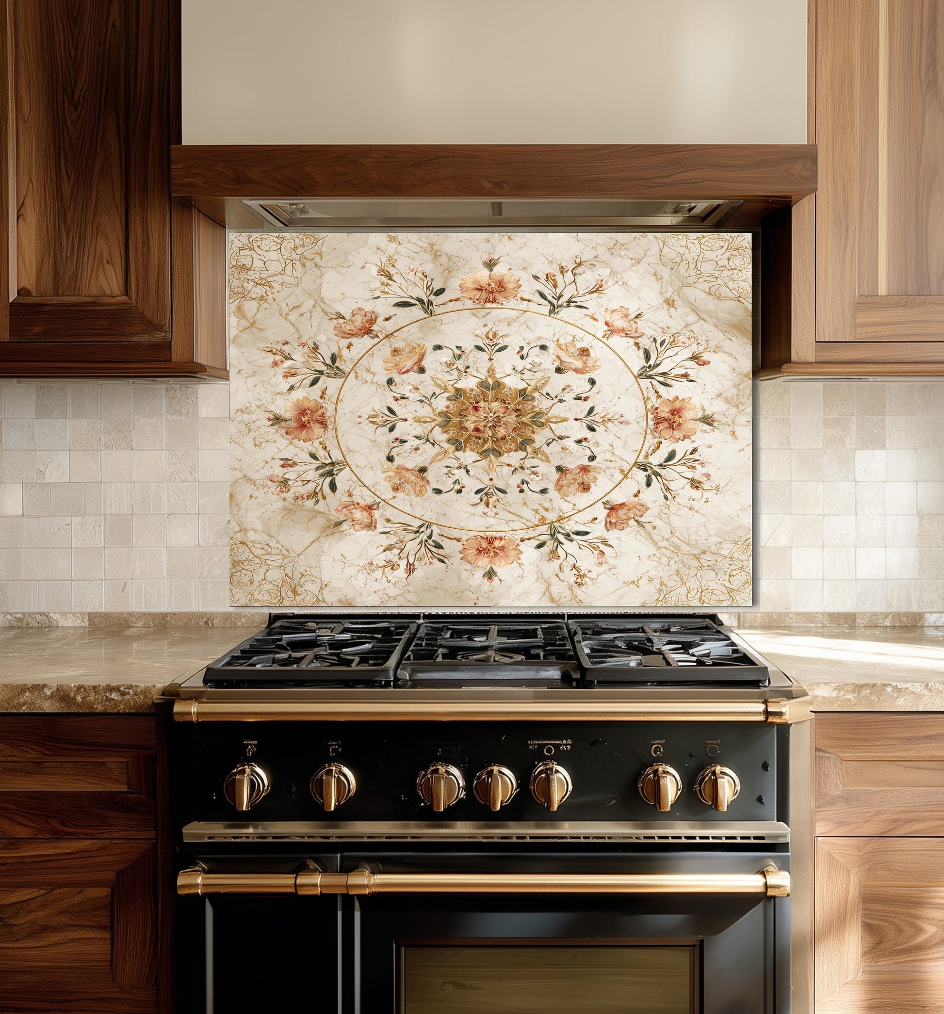 Floral Bouquet Marble Glass Backsplash, Vintage Rose Medallion Stove Guard, Heat Resistant Wall Art