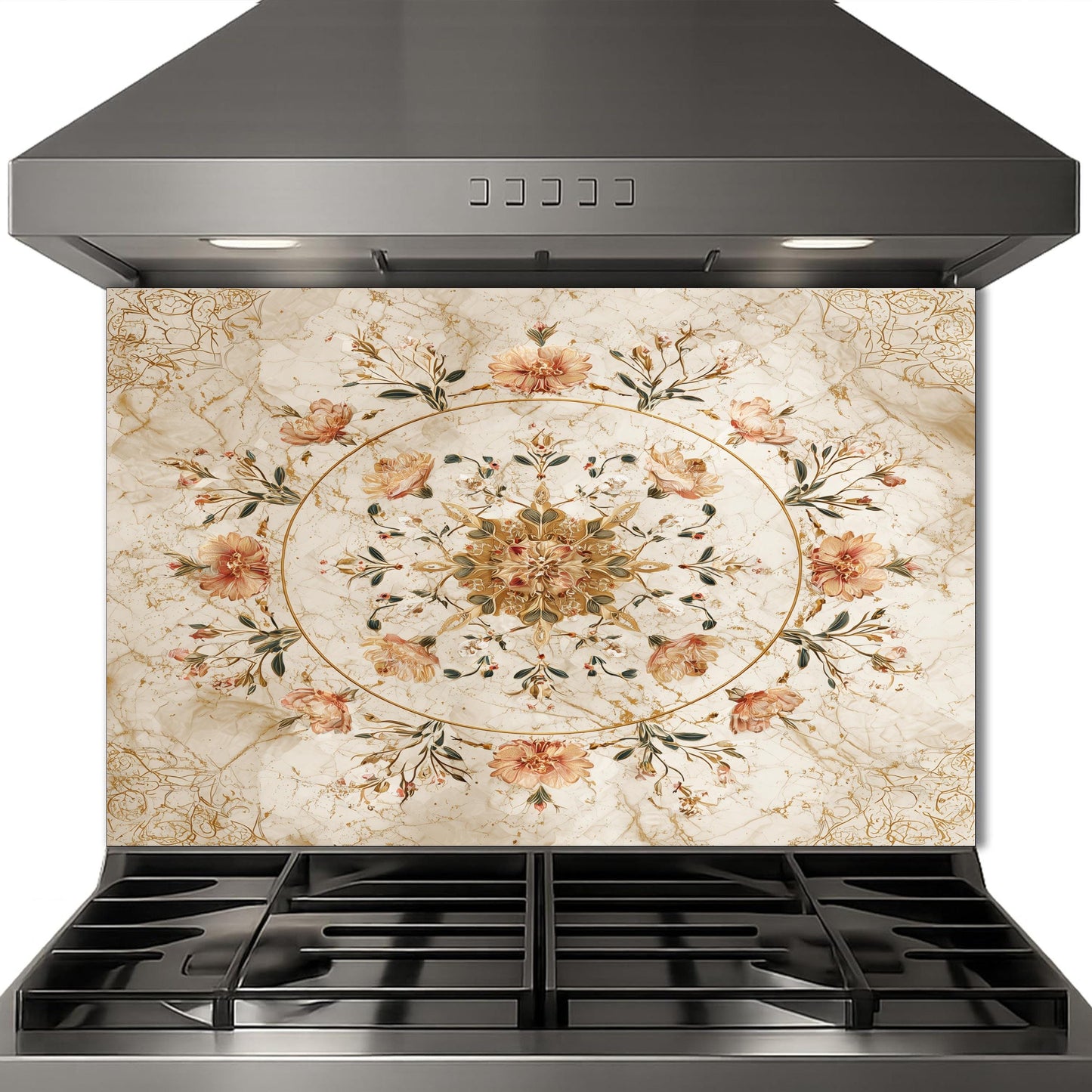 Floral Bouquet Marble Glass Backsplash, Vintage Rose Medallion Stove Guard, Heat Resistant Wall Art