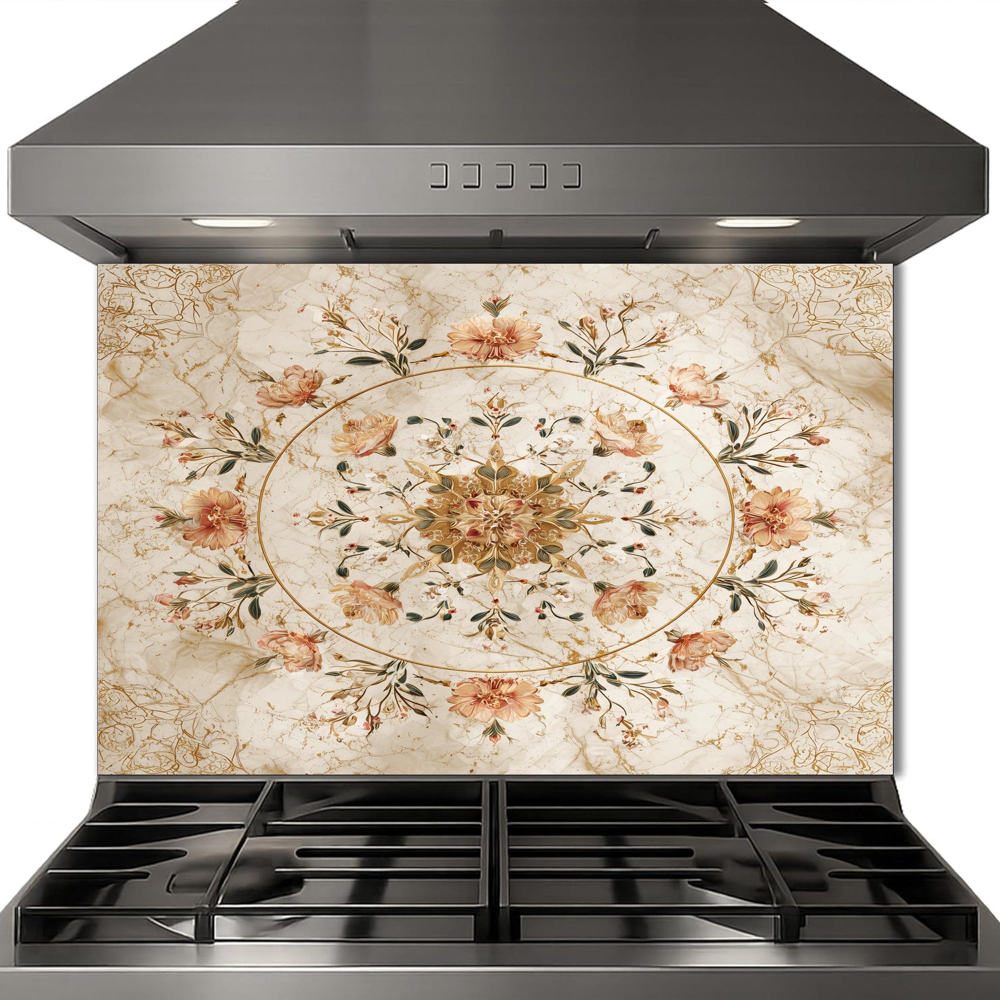 Floral Bouquet Marble Glass Backsplash, Vintage Rose Medallion Stove Guard, Heat Resistant Wall Art