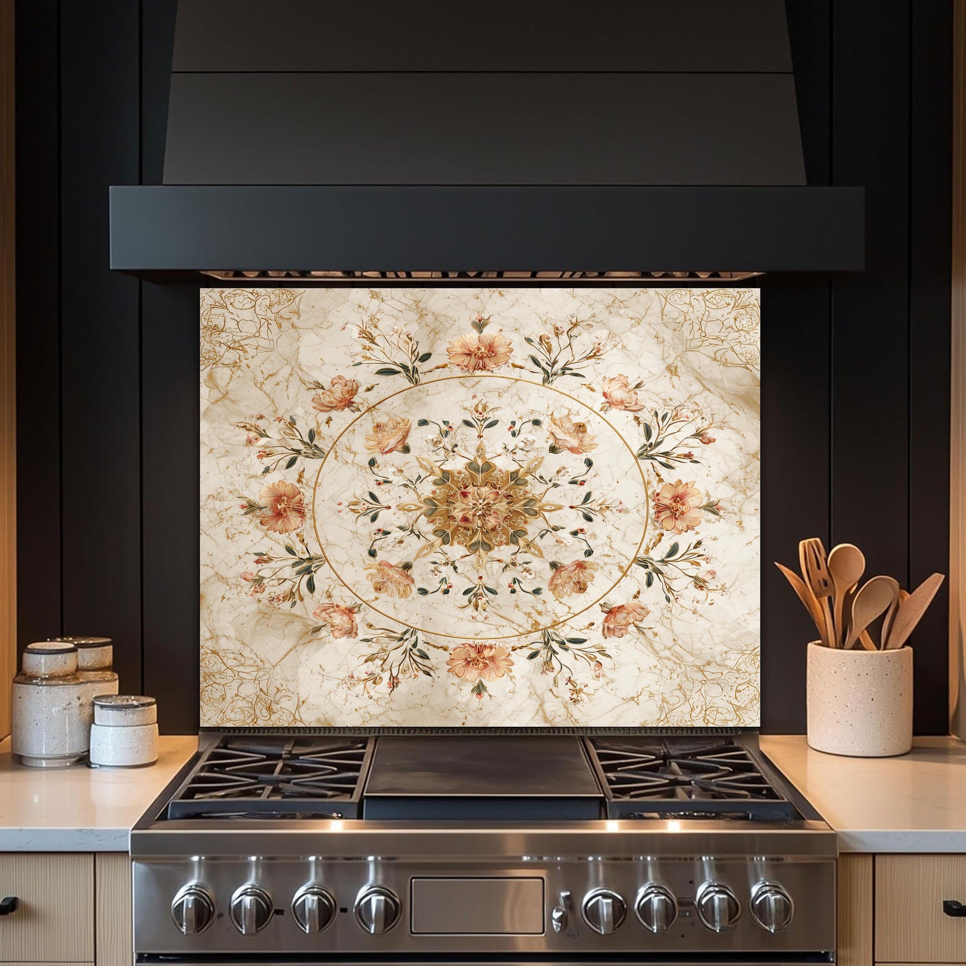Floral Bouquet Marble Glass Backsplash, Vintage Rose Medallion Stove Guard, Heat Resistant Wall Art