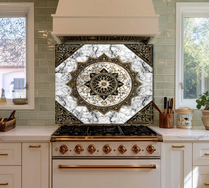 Black Gold Mandala Glass Backsplash, Marble Filigree Stove Guard, Heat Resistant Easy Clean Art