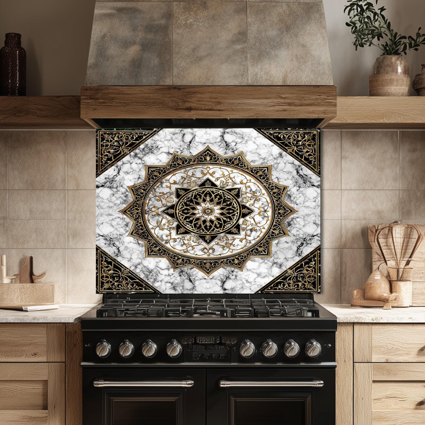 Black Gold Mandala Glass Backsplash, Marble Filigree Stove Guard, Heat Resistant Easy Clean Art