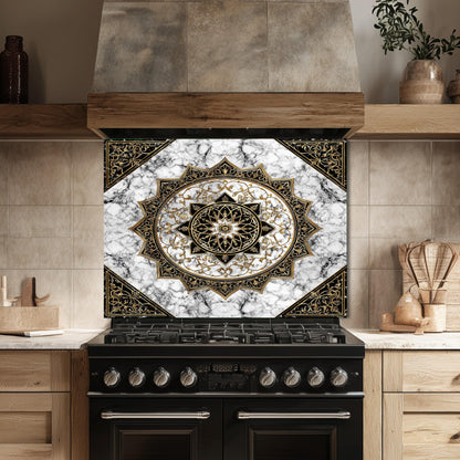 Black Gold Mandala Glass Backsplash, Marble Filigree Stove Guard, Heat Resistant Easy Clean Art
