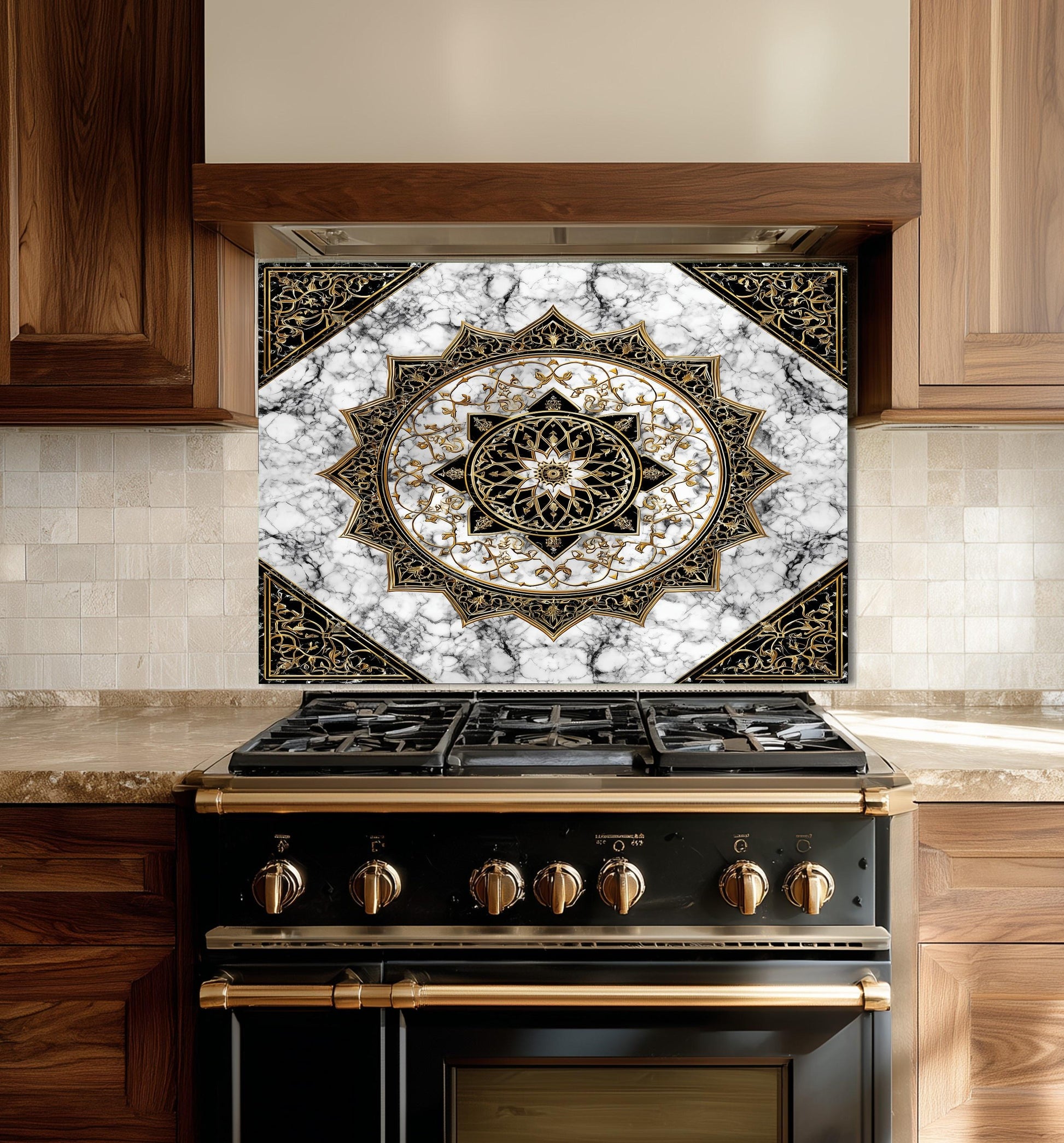 Black Gold Mandala Glass Backsplash, Marble Filigree Stove Guard, Heat Resistant Easy Clean Art