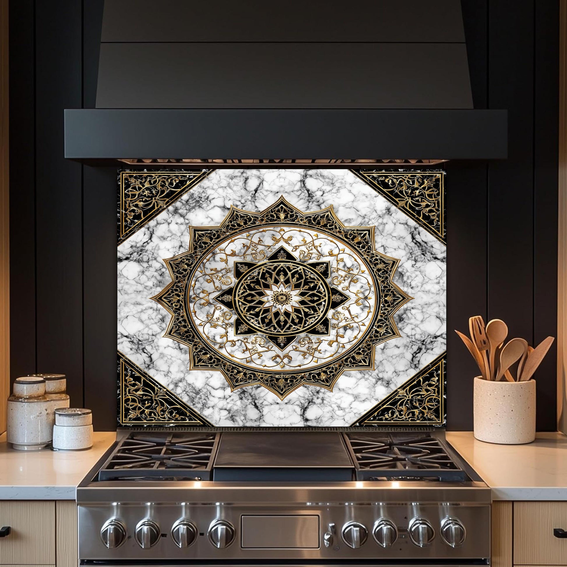 Black Gold Mandala Glass Backsplash, Marble Filigree Stove Guard, Heat Resistant Easy Clean Art