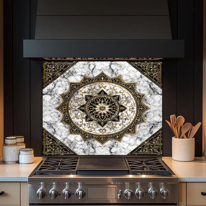 Black Gold Mandala Glass Backsplash, Marble Filigree Stove Guard, Heat Resistant Easy Clean Art