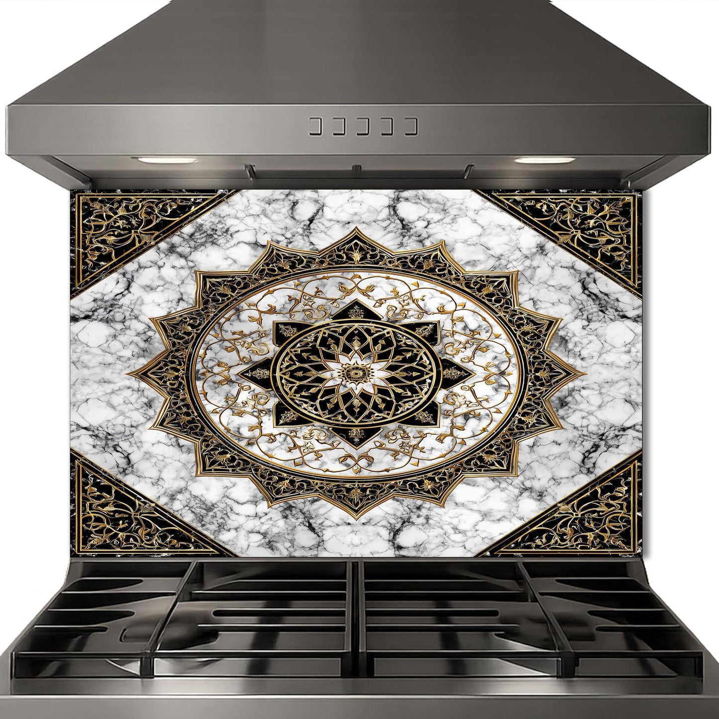 Black Gold Mandala Glass Backsplash, Marble Filigree Stove Guard, Heat Resistant Easy Clean Art