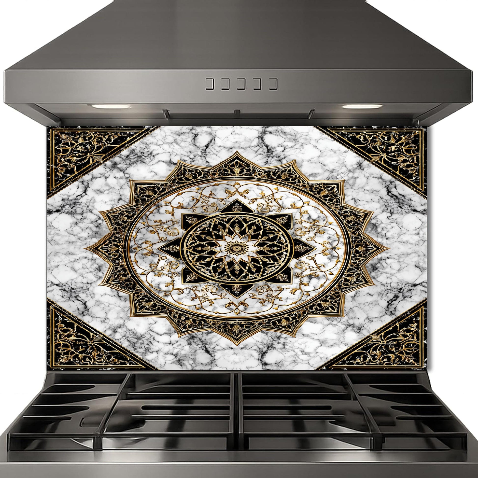 Black Gold Mandala Glass Backsplash, Marble Filigree Stove Guard, Heat Resistant Easy Clean Art