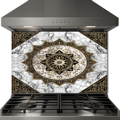Black Gold Mandala Glass Backsplash, Marble Filigree Stove Guard, Heat Resistant Easy Clean Art
